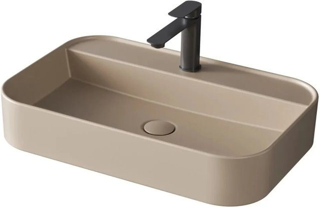 Emke Aufsatzwaschbecken aus Keramik in Mattbeige, rechteckig und abgerundet, B: 60 cm, T: 40 cm, H: 11 cm - Bild 1