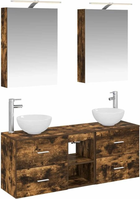 vidaXL Badezimmerschrank-Set aus Holz in Geräucherte Eiche, 5-teiliges modernes Set mit Waschtischunterschrank, Spiegelschrank mit LED-Beleuchtung und Wandunterschrank, Farbe: Braun, B/T/H: 50 x 14,5 x 70 cm - Bild 1