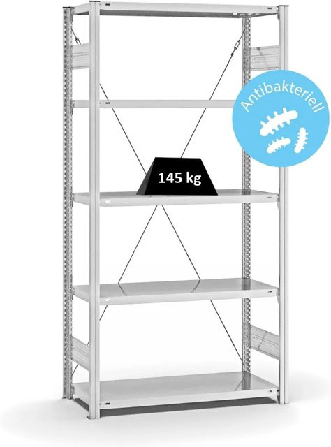 PROREGAL Antibakterielles Fachbodenregal Stecksystem T-Profil mit 5 Ebenen, Weiß, H x B x T: 200 x 100 x 40 cm - Bild 1