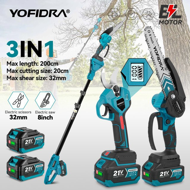 YOFIDRA 3-in-1 Bürstenlose Elektrische 8-Zoll-Kettensäge und Gartenschere mit Teleskopstange für Makita LXT Akkus - Bild 1