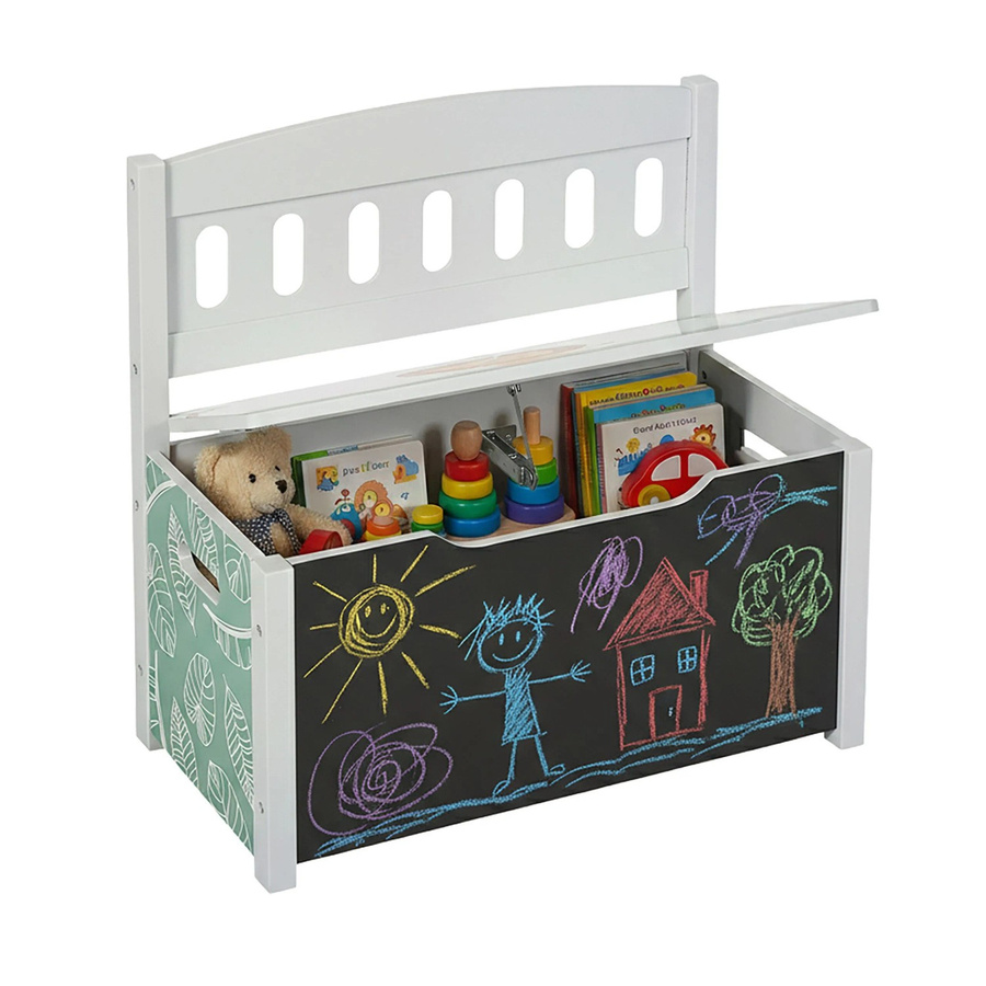 Relaxdays Kinderbank aus MDF mit Stauraum und Tafel in Bunt mit Löwenmotiv, B/T/H: 55,5 x 57 x 30 cm - Bild 2