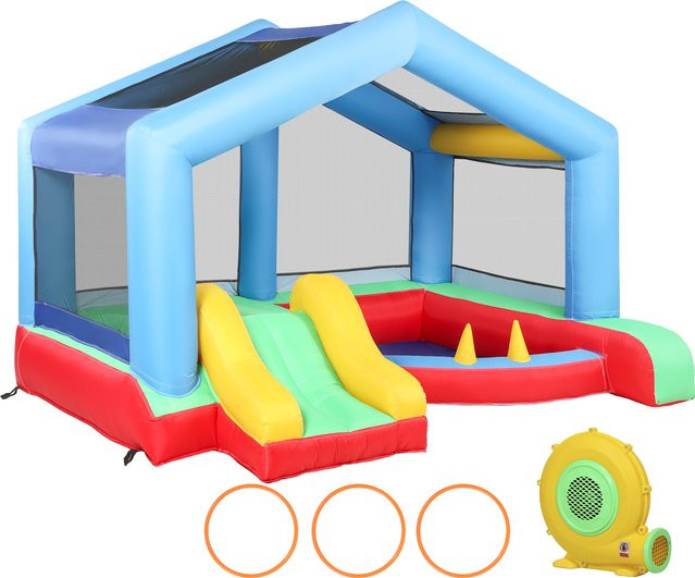 Aosom Aufblasbares Kinderschloss mit Gebläse, Rutsche, Trampolin, Bällebad, Ringwurfspiel, Sonnendach, Tragetasche, Indoor & Outdoor - Bild 1