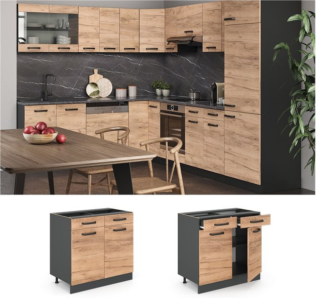 Vicco Küchenunterschrank R-Line in Eiche und Anthrazit mit Schubladen Breite: 80 cm, Höhe: 81,6 cm, Tiefe: 46 cm - Bild 1