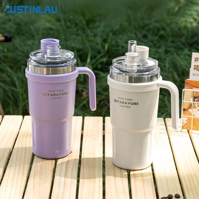 JUSTINLAU Isolierbecher Doppel-Trinköffnung Vakuum-Thermoskanne aus 304 Edelstahl mit Magnetverschluss, 600 ml, Weiß/Lila - Bild 1