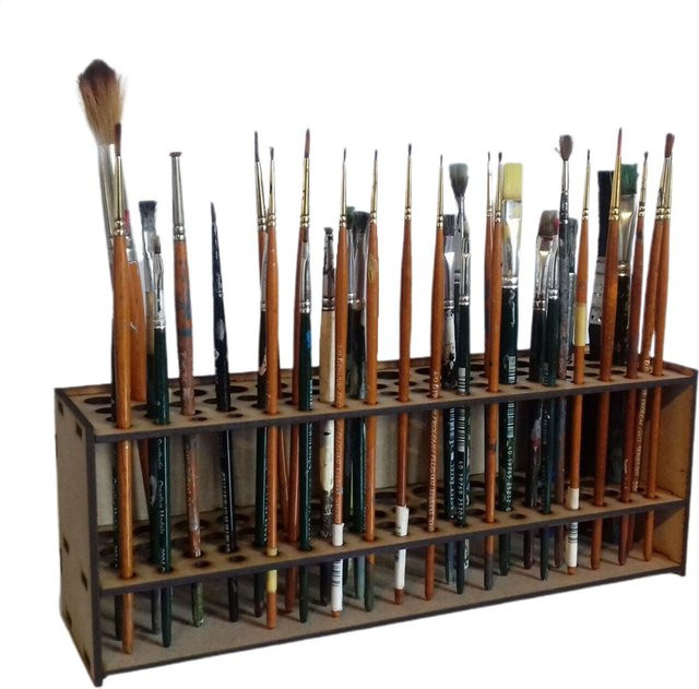 Doppelschichtiger Pinselhalter aus Holz in Braun mit 67 Fächern als Künstler-Schreibtisch-Organizer für Stifte und Pinsel - Bild 1