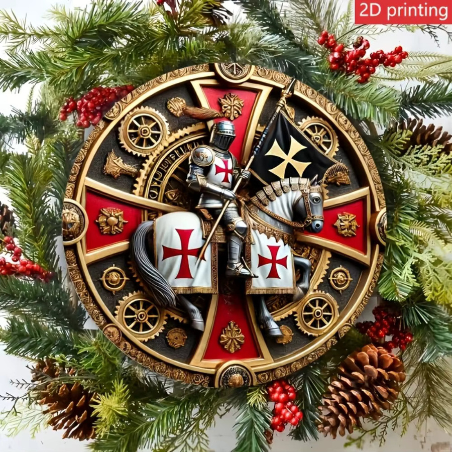 Potdemiel Vintage Metallwandkunst Rund mit Templer-Motiv Ritter und Kreuz, Mehrfarbig, Durchmesser: 20,32 cm - Bild 4
