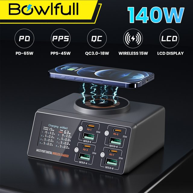 Bowlfull Multiport-USB-Ladegerät 140 W mit 4 USB-C und 4 USB-A Anschlüssen, PD3.0 QC3.0 Schnellladegerät mit LCD-Display und magnetischem kabellosem Laden für MacBook und iPhone 16 - Bild 1