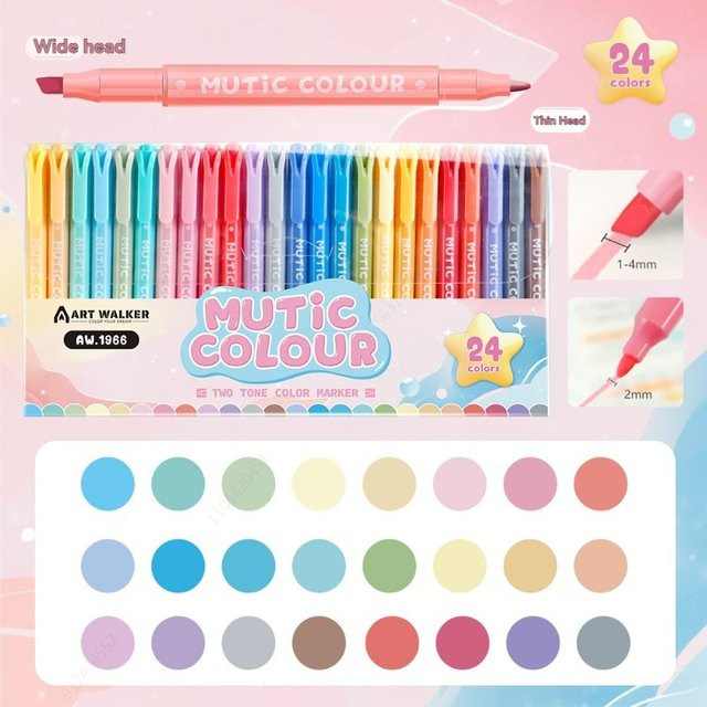Kissbuty Doppelköpfiges Textmarker-Set mit Chisel-Spitze, 24 Farben, fluoreszierende Pastell-Zeichnungsmarker für Kunst und Briefpapier, Mehrfarbig - Bild 1