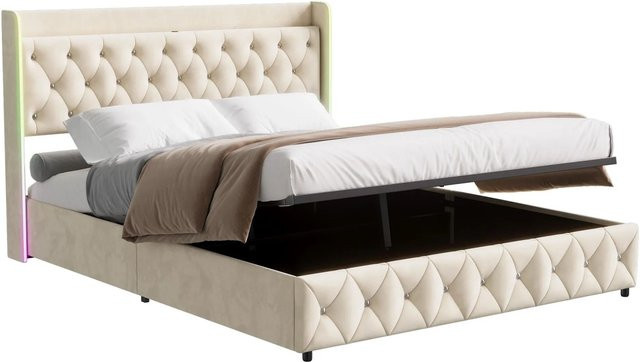PXloue Polsterbett aus Samt in Beige mit LED-Beleuchtung, USB-Ladeanschluss und Stauraum durch Lift-up-Funktion, B/T/H: 160 x 200 x 45 cm - Bild 1