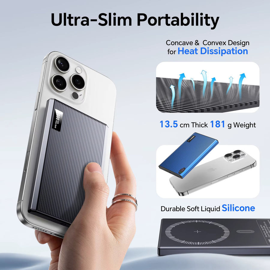 Magnpter Magnetische Powerbank mit 10000 mAh und PD20W Schnellladefunktion für iPhone, Samsung und Xiaomi in Schwarz oder Blau - Bild 4