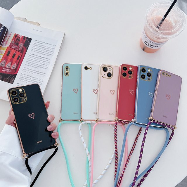 Love Heart Crossbody Lanyard Strap Handyhülle für Apple iPhone 15 14 13 12 11 Pro Max Mini Xs XR 7 8 SE in Weiss und Multicolour - Bild 1