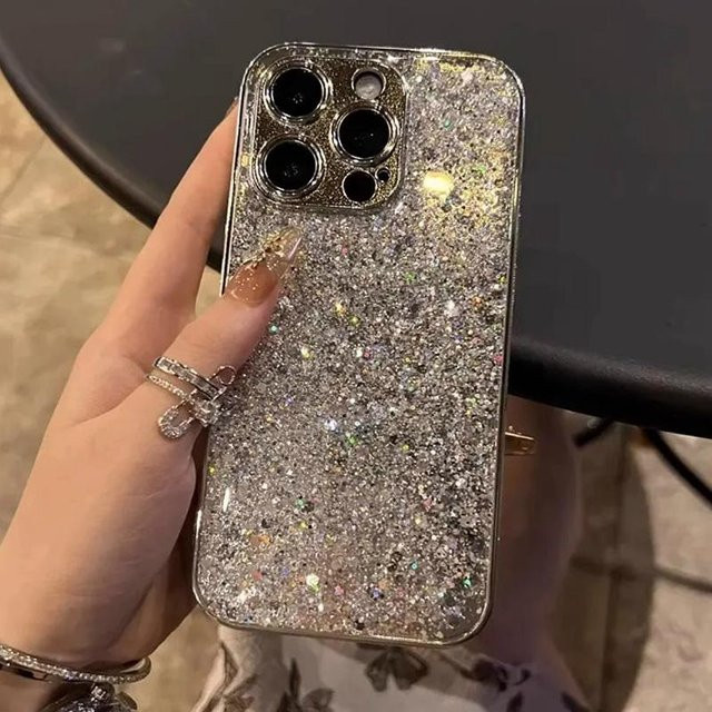 Rui Di Luxus Glitzer Handyhülle für iPhone 11 12 13 14 15 16 Pro Max Plus Stoßfeste Bumper Hülle in Silber - Bild 1