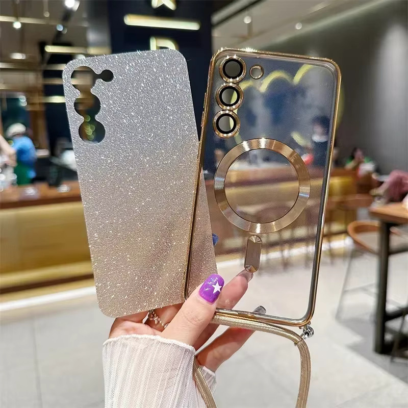 Glitzer-Hülle mit Crossbody Lanyard und MagSafe Magnet für Samsung Galaxy S26 S25 Edge S24 S23 FE S22 Ultra Plus in Gold - Bild 1