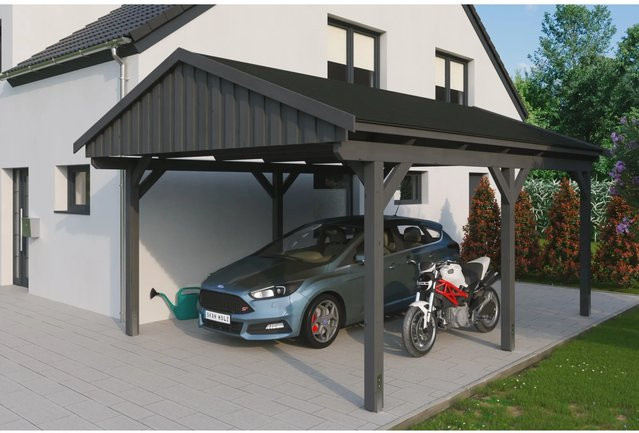 Skan Holz Carport Fichtelberg aus Fichte Leimholz in Schiefergrau mit spitzer Dachform und Dachschindeln B/T: 423 x 566 cm, Höhe: 326 cm - Bild 1
