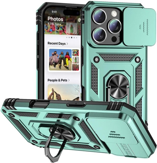 Tuiying002 Armor Case für iPhone 11 bis 16 Pro Max mit drehbarem Ringständer und Kameraobjektiv-Schutz in Grün - Bild 1