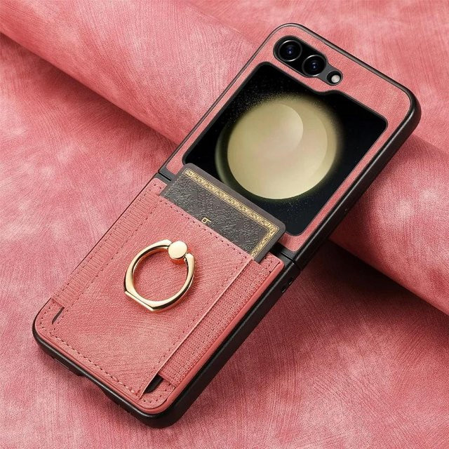 Retro PU Leder Brieftaschenhülle für Samsung Galaxy Z Flip 6 5 4 3 2 5G mit Ring und Kartenfach in Pink - Bild 1