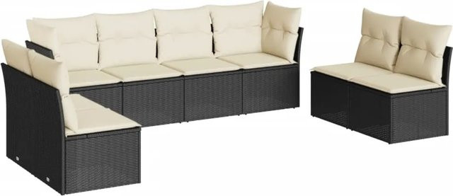 vidaXL 8-tlg Garten-Sofagarnitur in L-Form aus Poly-Rattan mit Kissen, Schwarz - Bild 1