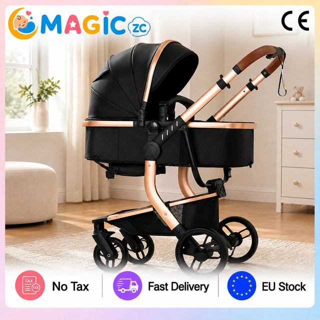 Prokoke 3-in-1 Kinderwagen Set mit Babywanne und Babyautositz, faltbares Reisesystem mit Federung und umkehrbarem Sitz, Schwarz-Weiß - Bild 1