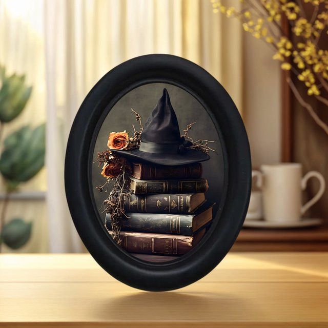 Dekoratives 3D-Retro-Halloween-Hexenhut Wandbild von Buchhobbys, handgefertigte ovale Wandkunst aus Holz in Schwarz - Bild 1