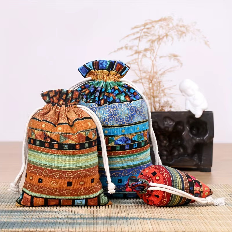 6er Set ethnische Schmuckbeutel aus Baumwoll-Leinen und Hanf in Gelb und Multicolour zur Aufbewahrung von Perlen und Accessoires - Bild 2