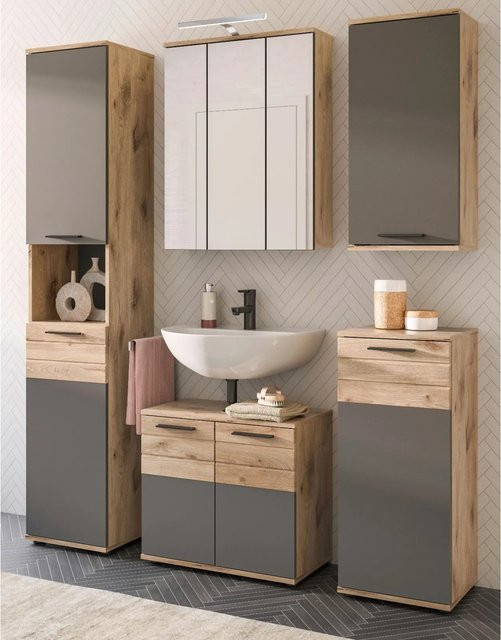 Inn.Furn Badmöbel-Set Tomaso in Eiche Grau, 5-teilig mit Soft-Close und LED-Beleuchtung, Breite: 164 cm - Bild 1