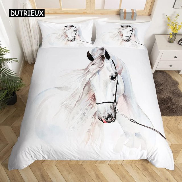 Jinmeige Bettwäsche Kollektion mit weißem Pferdemotiv aus Mikrofaser, Farbe: Weiß, B/H: 135 x 200 cm - Bild 1