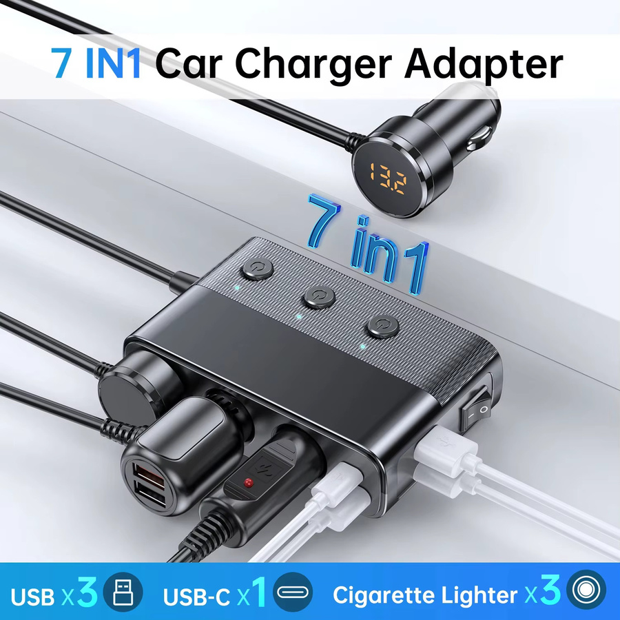 PHONEPACE 7-in-1 Autoladegerät-Splitter mit 127 W, PD30W und QC3.0, Zigarettenanzünder-Adapter mit Schalter, Schwarz - Bild 2