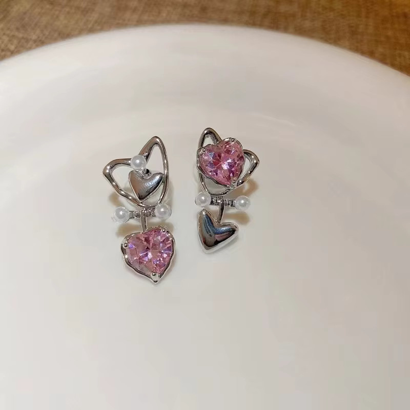 Yerik Ohrstecker, Rosa Herz-Zirkonia, Perle, Silber, Damen, Vintage - Bild 4