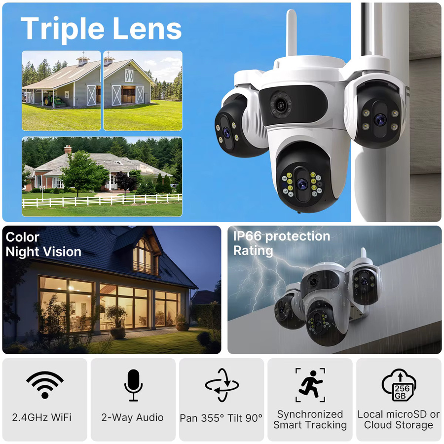 WONSDAR WiFi-Sicherheitskamera mit drei Objektiven und PTZ-Funktion, HD CCTV-Überwachung mit Menschenerkennung und iCsee App, Weiß - Bild 2