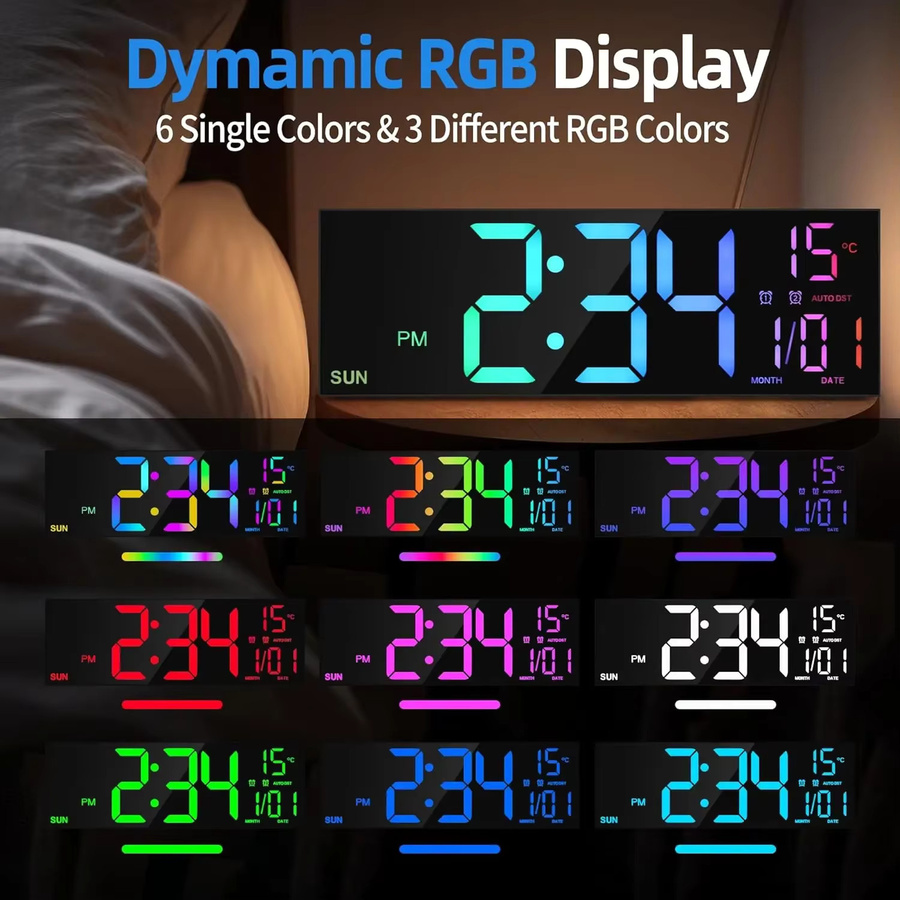 WOKLOK Digitale LED Wanduhr mit Fernbedienung, 41,15 cm große digitale Uhr in Schwarz mit 8 RGB-Farben und Doppelalarm - Bild 3