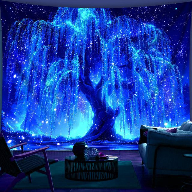 Fluoreszierendes Wandtuch Baum des Lebens mit Sternenhimmel in Blau, UV-reaktives Wandbild für Schlafzimmer und Party, Breite: 90 cm, Höhe: 150 cm - Bild 1