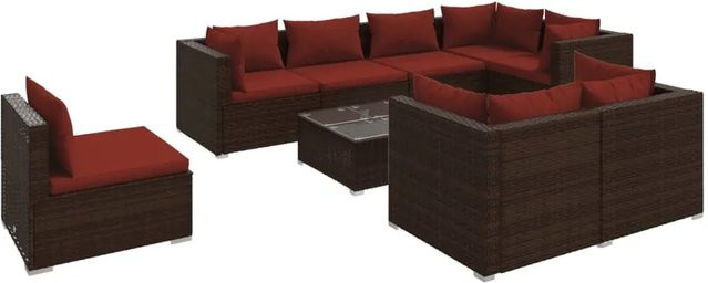 vidaXL 9-tlg. Garten-Lounge-Set in U-Form aus braunem Poly-Rattan mit Kissen und Glastisch - Bild 1
