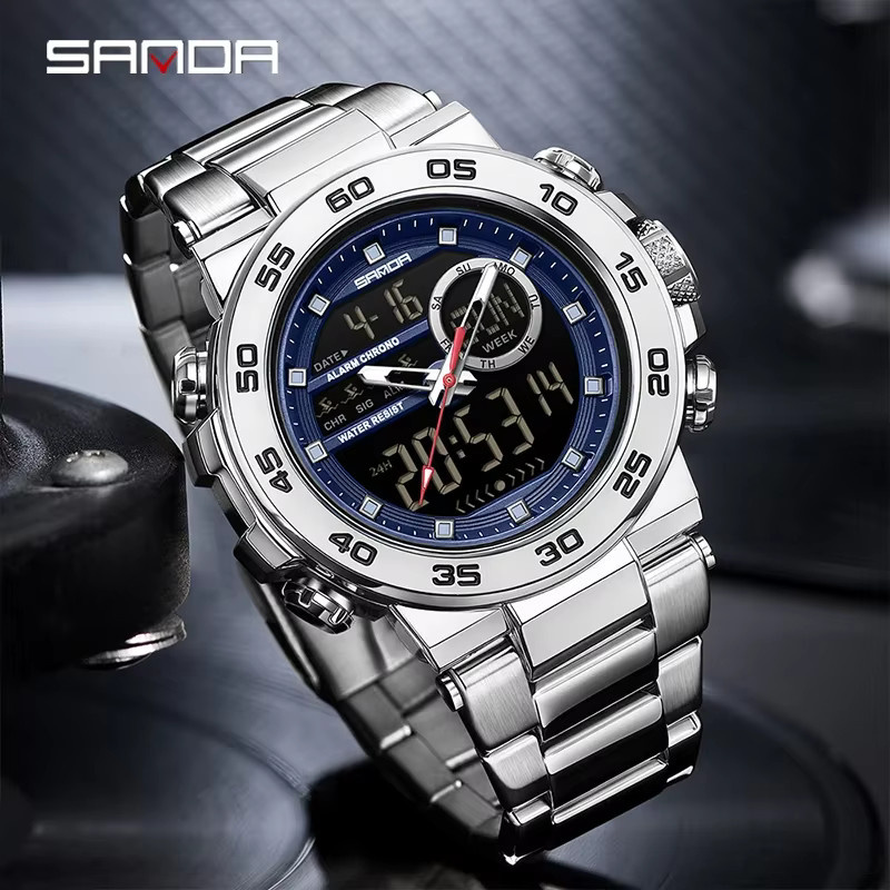 SANDA Armbanduhr, Analog-Digital, Quarz, Edelstahl, Schwarz, Herren - Bild 2