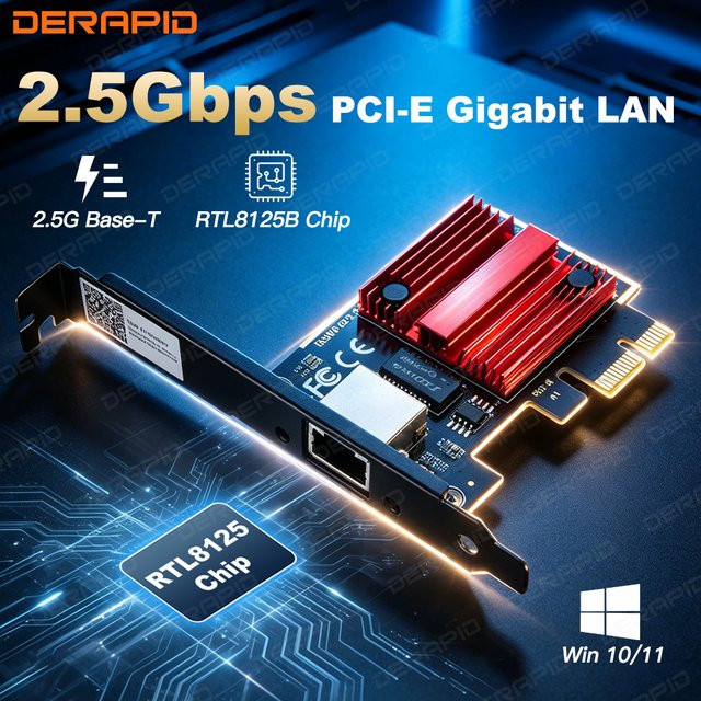 DERAPID 2,5G PCIe zu RJ45 Netzwerkkarte mit RTL8125B Chip, 2500Mbps Gigabit Ethernet LAN-Adapter für Windows 10/11 Desktop-PC - Bild 1