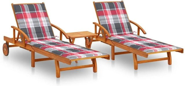 vidaXL Sonnenliegen Set aus 2 Stück mit Tisch und Auflagen aus Akazien-Massivholz, Farbe: Braun/Mehrfarbig, B/T/H: 199 x 67 x 30/51/62/77/85 cm - Bild 1