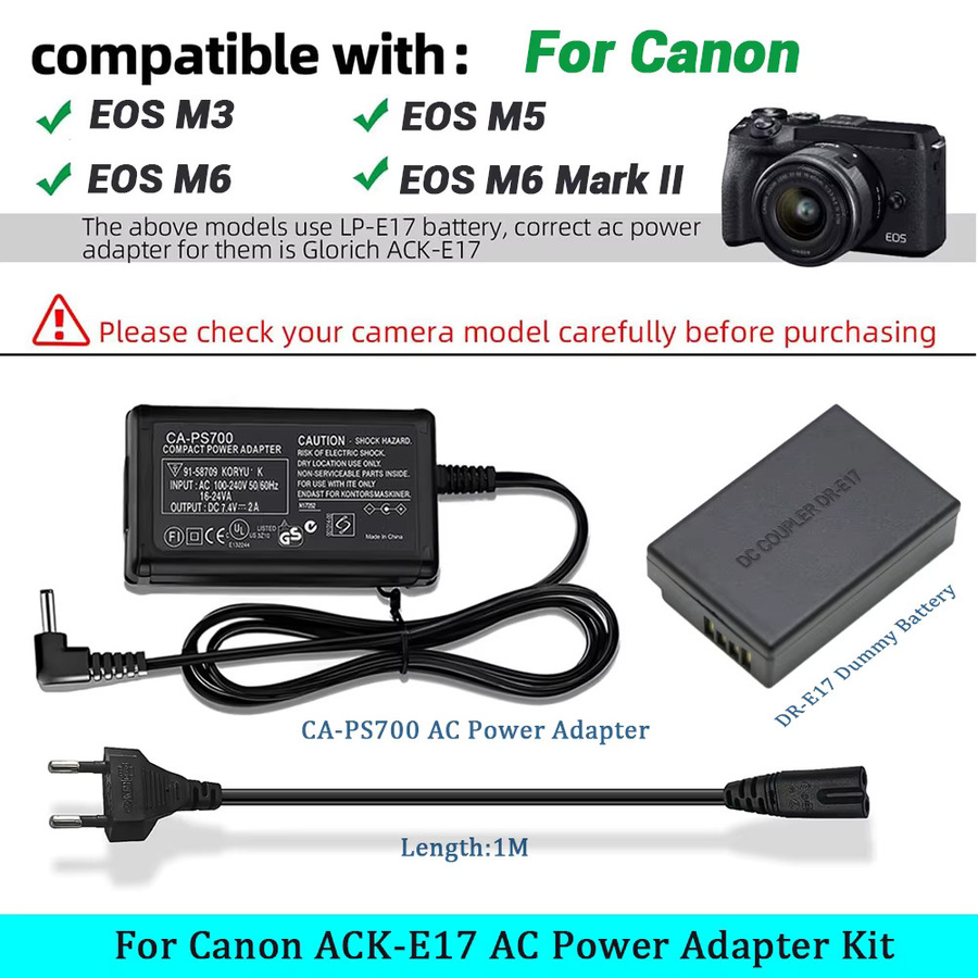 ACK-E17 AC-Netzadapter und DR-E17 DC-Koppler Dummy-Akku Stromversorgungsset für Canon EOS M3, M5, M6 und M6 Mark II in Schwarz - Bild 3