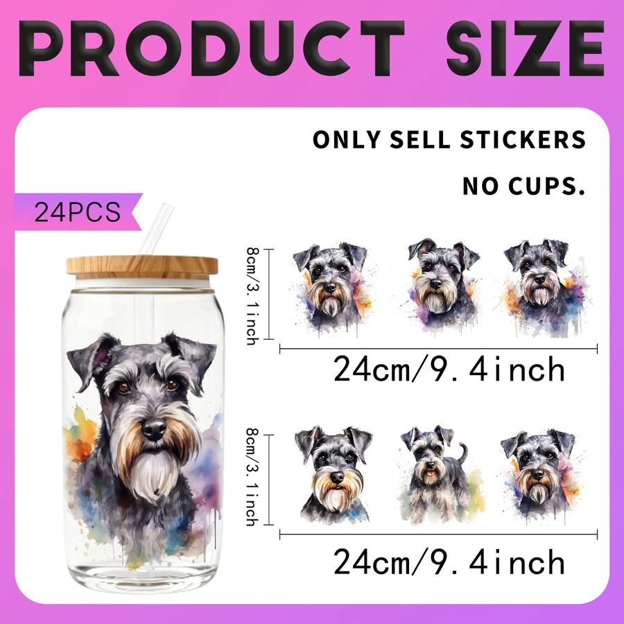 24er Set UV-DTF-Transferaufkleber mit Schnauzer-Motiv in Multicolour für 16oz Glaswasserflaschen - Bild 2