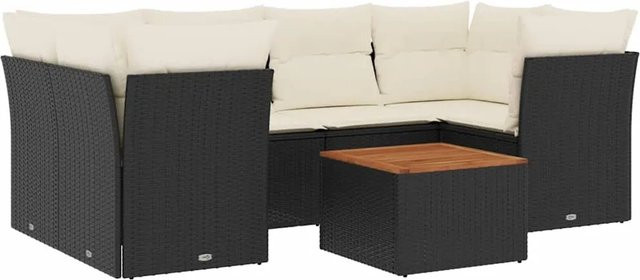 vidaXL 7-teilige Garten-Sofagarnitur in L-Form aus Poly-Rattan und Akazienholz mit Kissen in Schwarz - Bild 1