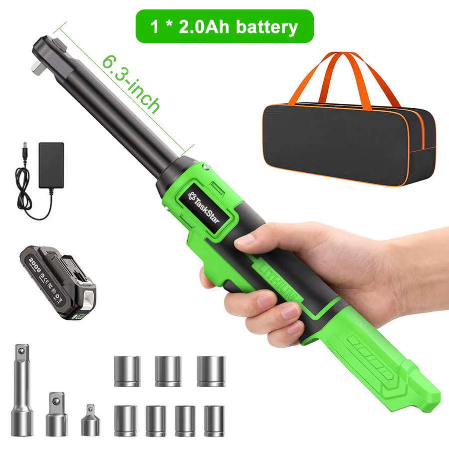 TaskStar Akku-Ratschen-Schraubenschlüssel-Set mit 6,3-Zoll-Verlängerungsstange, 21-V-Elektroschrauber mit LED-Arbeitsleuchte, 70 N·m Drehmoment, 3/8-Zoll, inklusive 1/4- und 1/2-Zoll-Adapter, 2 Stück, grün - Bild 6