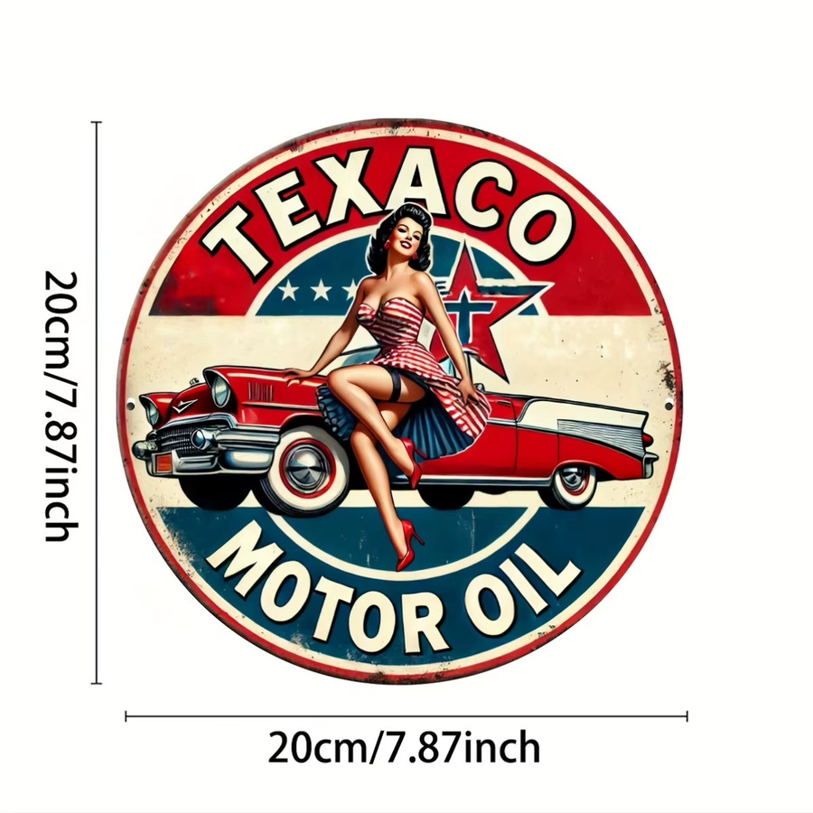 Potdemiel Texaco Motor Oil Vintage Aluminiumschild Retro Pin-Up Wanddeko aus Metall, Rund, Mehrfarbig, Durchmesser: 20 cm - Bild 3