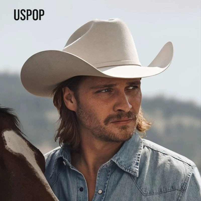 USPOP Cowboyhut aus 100 % Wollfilz mit Gürtelschnalle und breiter Krempe, Unisex Fedora für Herbst und Winter in Gelb oder Weiß - Bild 1