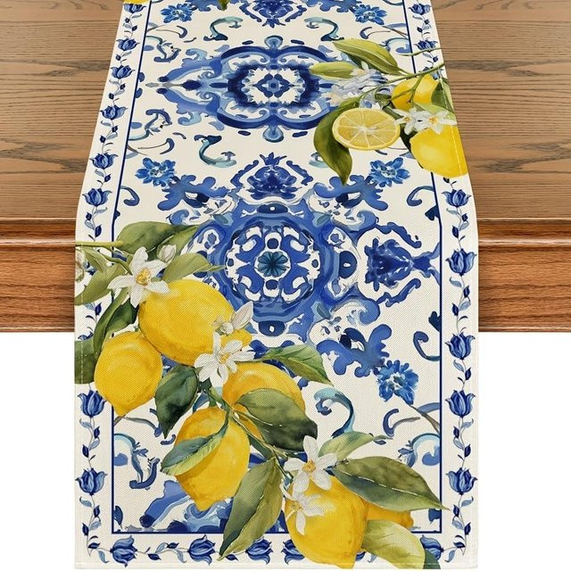 JMG Household Supplies Tischläufer aus Leinen mit Sommer Zitrone und Porzellan Fliesen Design in Blau Weiß, B/T: 150 x 33 cm - Bild 1