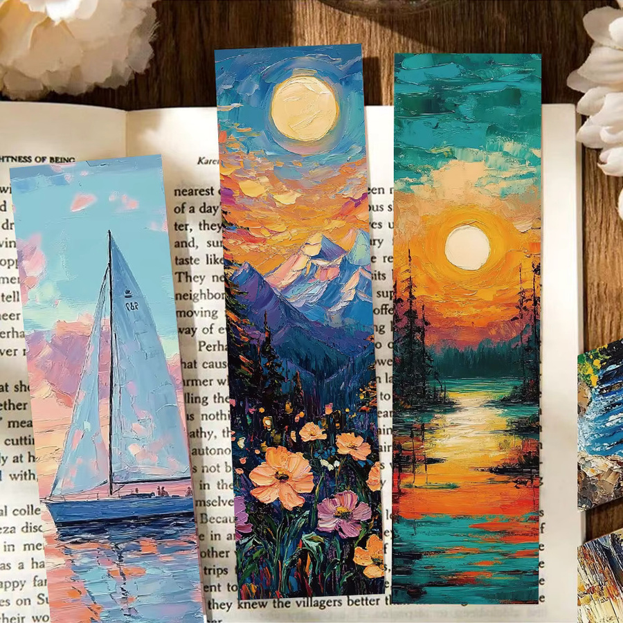 30 Stück Kunst-Lesezeichen im Ölgemälde-Stil mit Sonnenuntergang und Blumenmotiven, Mehrfarbig - Bild 4