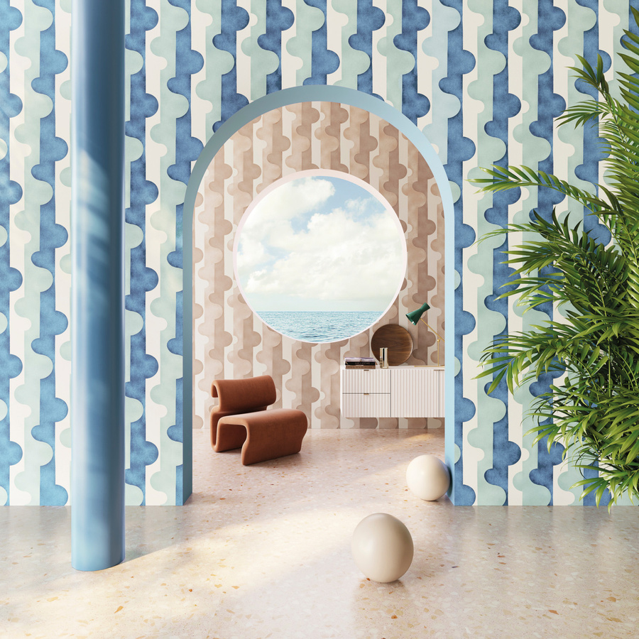 Omexco Tapete Puzzle of Passion JOY33 in Blau mit abstraktem geometrischem Mid-Century Design aus Vlies - Bild 1