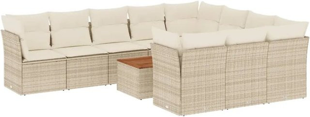 vidaXL 11-teilige Garten-Sofagarnitur in L-Form aus Polyrattan und Akazienholz mit Kissen in Beige-Creme - Bild 1