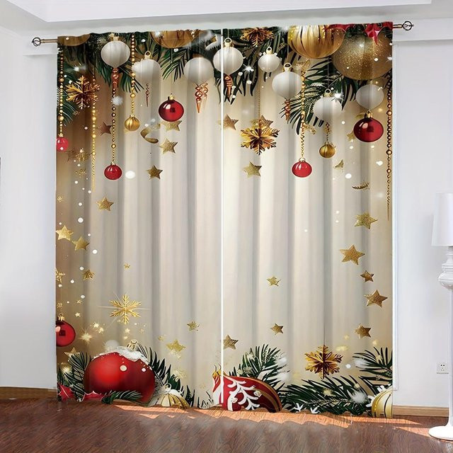 2er-Set Weihnachtsvorhänge mit Schneemann- und Baummuster, halbtransparent, mehrfarbig, B: 60 cm x H: 60 cm inklusive Haken - Bild 1