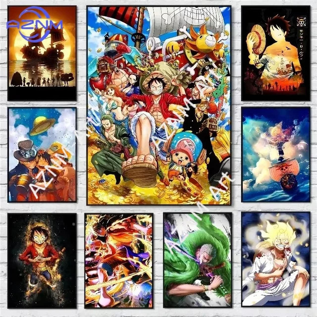 Bandai Japan One Piece Luffy Retro Kunst-Leinwand Wandbild Anime Poster in Blau und Multicolour - Bild 1