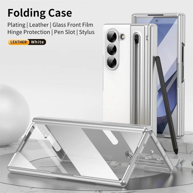 Lederhülle mit Scharnierschutz und elektronischem Stifthalter für Samsung Galaxy Z Fold7 in Weiß inklusive Glasfolie - Bild 1