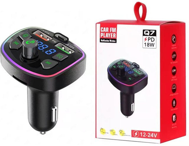 Meiteai-Car&Motor Bluetooth 5.0 FM Transmitter mit 18W Typ-C und Dual USB Schnelllader sowie farbigem Umgebungslicht in Schwarz - Bild 1