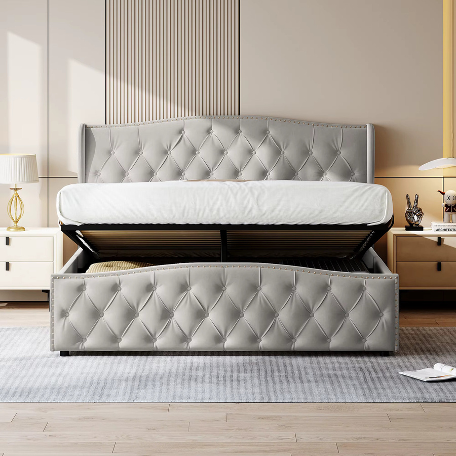 Anajqaqia Doppelbett mit hydraulischem Stauraum und Kopfteil aus Samt, Grau, B/T: 160 x 200 cm - Bild 2